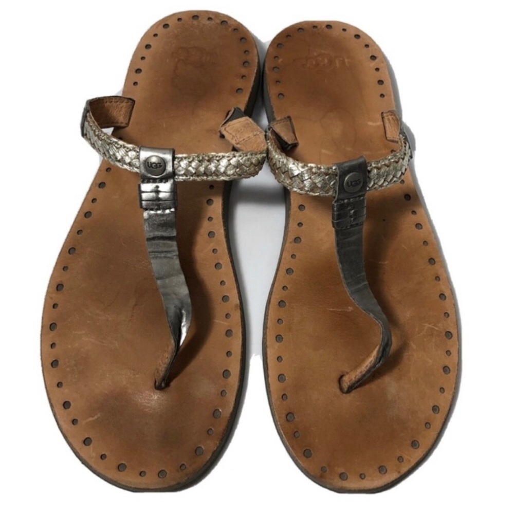 UGG Braided Leather Silver Thong Sandals. Size 10.